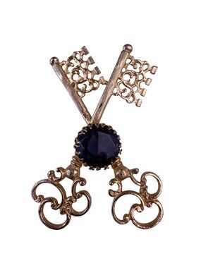 Vintage Unknown Gold Tone Decorative Jewelry Double Key Brooch With Blue Jewel